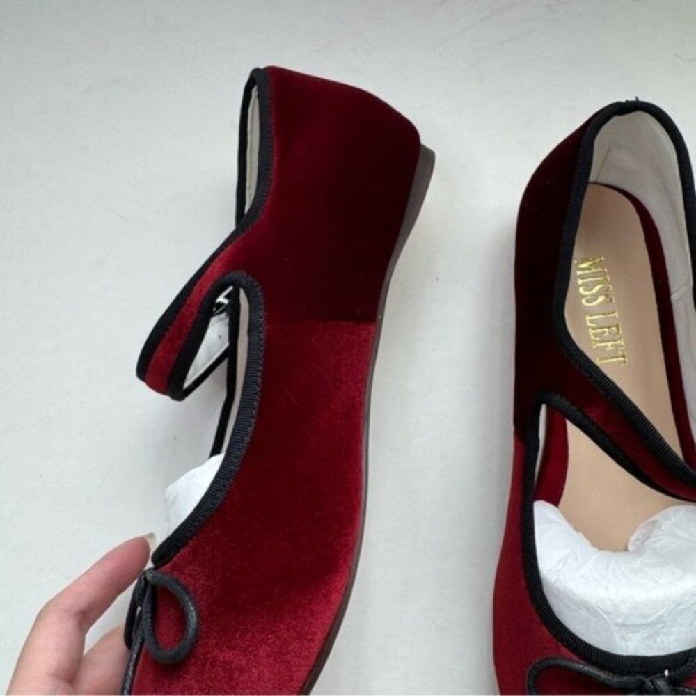 Size 7.5 Miss Left Women Bowknot Ankle Strap Classic Ballet Flats Burgundy - Picture 7 of 13